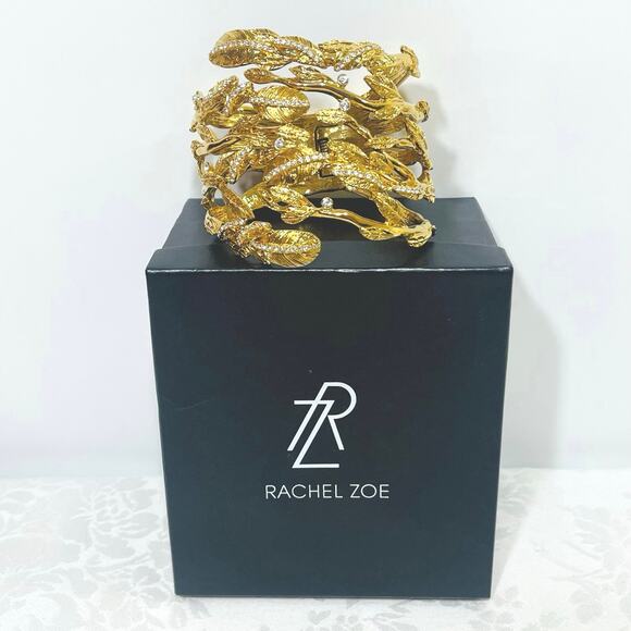 Rachel Zoe Hinged Cuff Bracelet Crystals Leaf Branches Gold Tone Leaf Branch - Picture 1 of 14